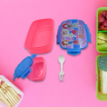 School lunch box with cartoon design, spoon included