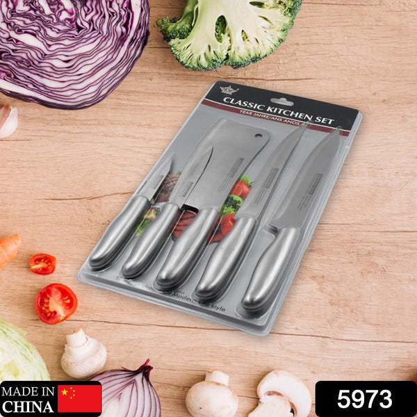 Stainless steel kitchen knives set for basic cooking needs.