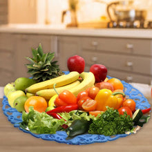 Detailed view of round flower design storage basket.