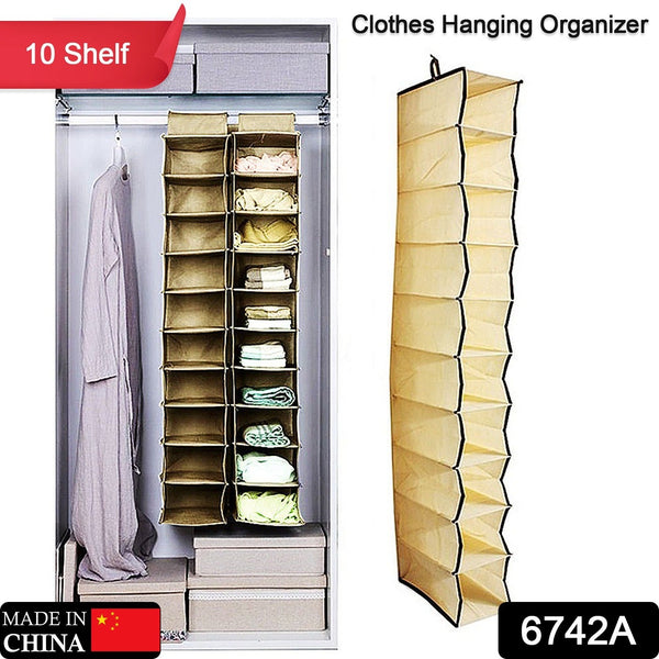 Foldable fabric wardrobe organizer with multiple tiers.