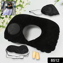 8512 3 in 1 Comfortable Travel Sleeping Kit, Neck Pillow, Eye Mask & Ear Plug Set Inflatable Plane Sleeping Pillow Head Neck Support Pillows for Travel Airplane Office, Black