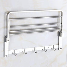 Stainless steel towel bar with foldable rack, 18 inches for compact bathroom storage.