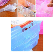 Transparent plastic storage box with 18 compartments, featuring a stackable and adjustable design