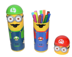 Minions-themed sketch pen set in open case, showcasing the pen designs.