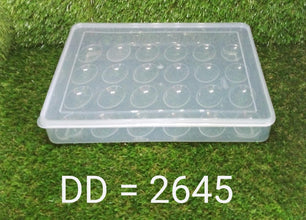 Durable plastic egg box with 24 compartments and a lid, designed for safe egg storage in the fridge